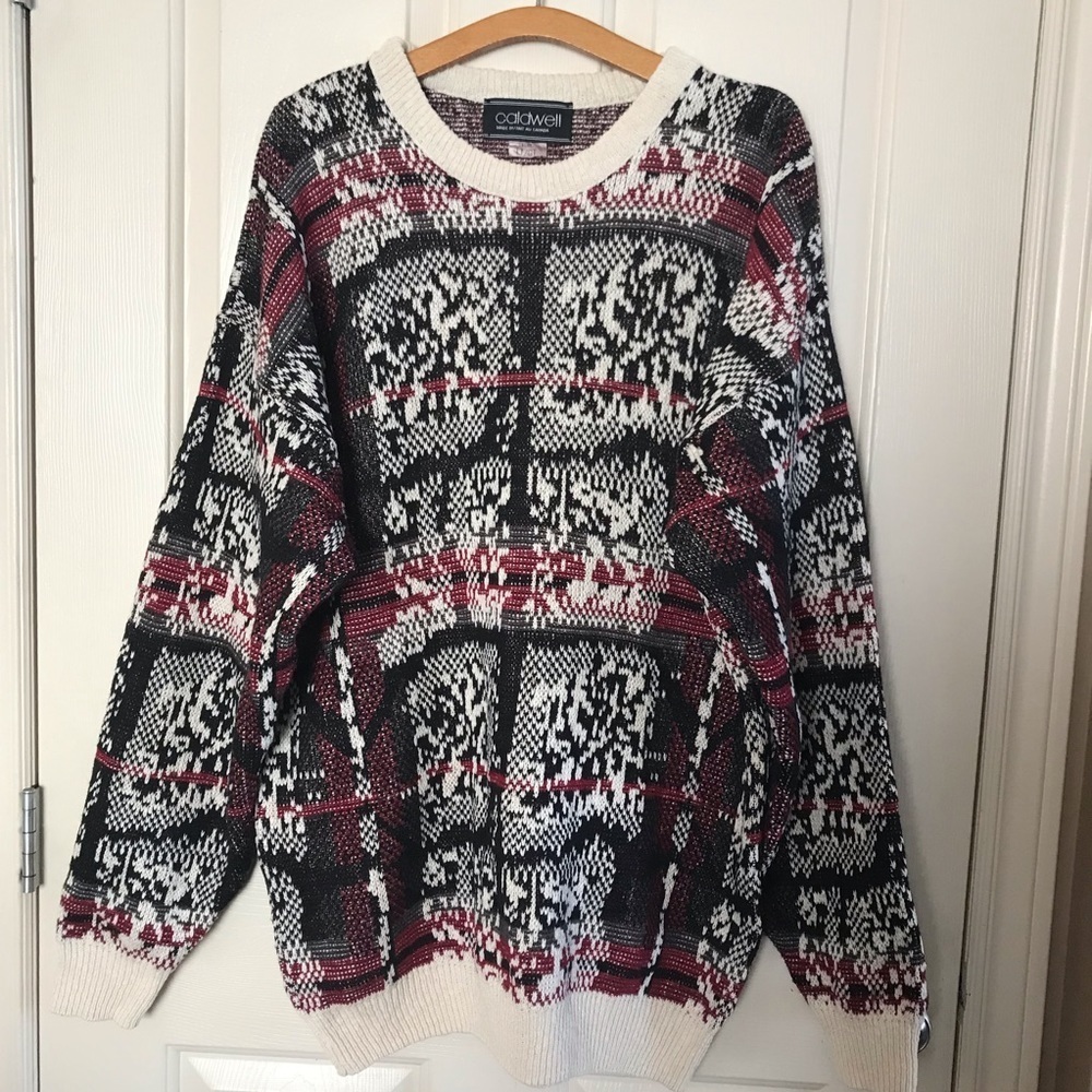 Vintage Caldwell Crewneck Men’s Knit Sweater Size Large Burgundy Black White